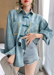 Loose Plaid Peter Pan Collar Button Pockets Cotton Shirt Spring