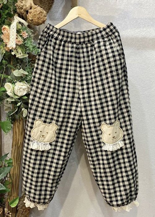 Loose Plaid Pockets Elastic Waist Cotton Crop Pants Spring