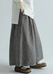 Loose Plaid Pockets Elastic Waist Cotton Wide Leg Pants Spring