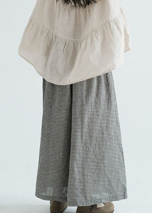 Loose Plaid Pockets Elastic Waist Cotton Wide Leg Pants Spring