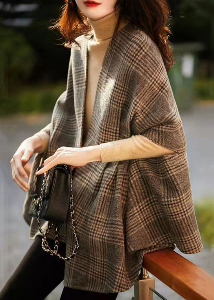 Loose Plaid V Neck Button Patchwork Cotton Coat Half Sleeve