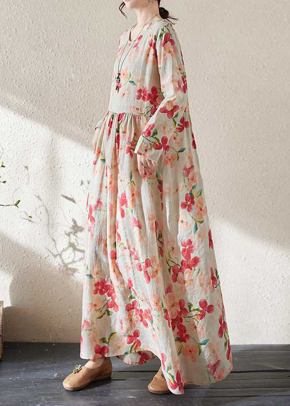 Loose Print Patchwor Wrinkled Maxi Dress Long Sleeve