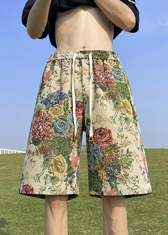 Loose Print Pockets Elastic Waist Cotton Men Beach Shorts Summer