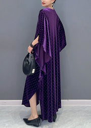 Loose Purple Asymmetrical Dot Patchwork Velour Long Dresses Fall