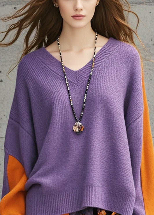 Loose Purple Asymmetrical Patchwork Knit Sweater Fall