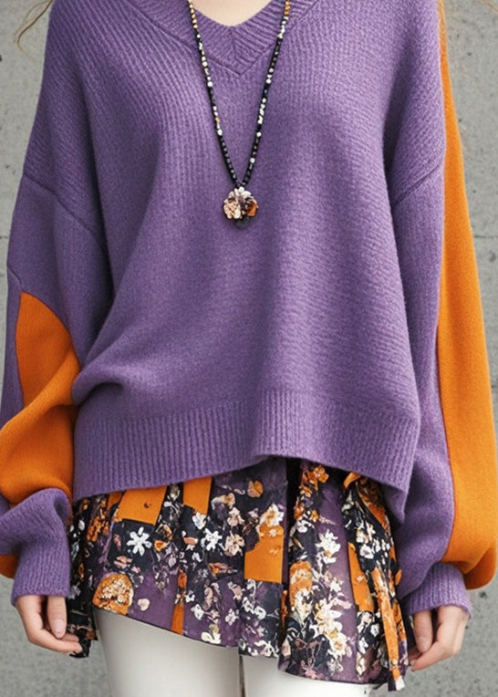 Loose Purple Asymmetrical Patchwork Knit Sweater Fall