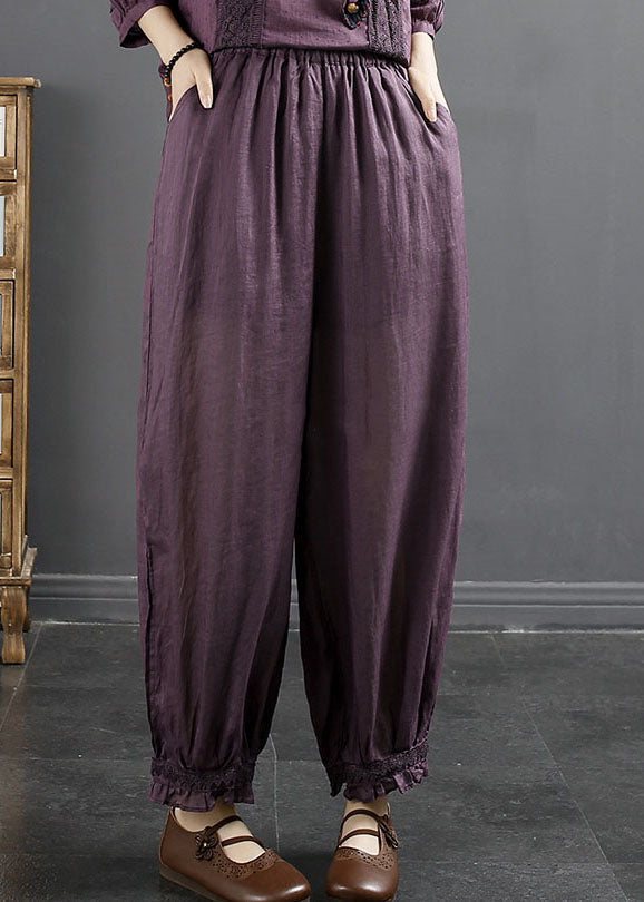 Loose Purple Elastic Waist Ramie Harem Pants Summer