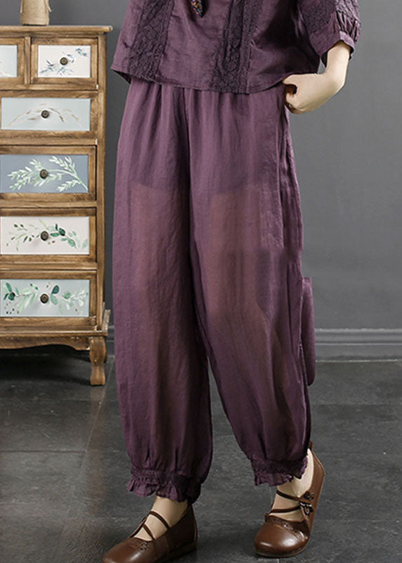 Loose Purple Elastic Waist Ramie Harem Pants Summer