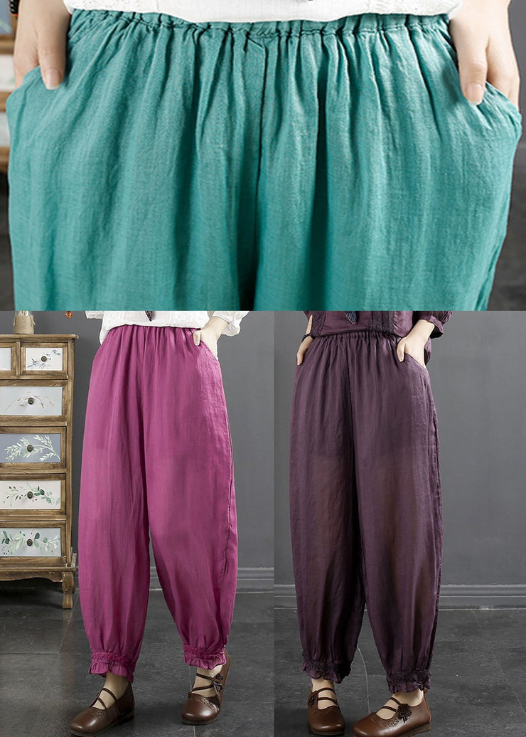 Loose Purple Elastic Waist Ramie Harem Pants Summer