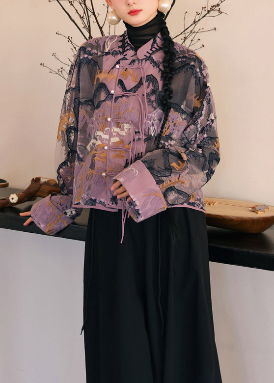 Loose Purple Embroidered Button Tulle Shirt Long Sleeve