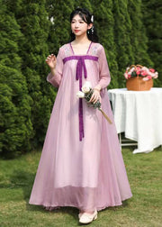 Loose Purple Embroideried Wrinkled Patchwork Chiffon Long Dresses Summer