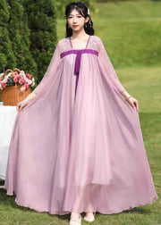 Loose Purple Embroideried Wrinkled Patchwork Chiffon Long Dresses Summer