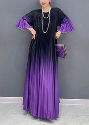 Loose Purple Gradient O Neck Wrinkled Cotton Long Dress Summer