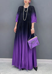 Loose Purple Gradient O Neck Wrinkled Cotton Long Dress Summer