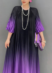 Loose Purple Gradient O Neck Wrinkled Cotton Long Dress Summer