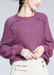 Loose Purple Nail Bead Sequins Wool Knit Sweater Winter