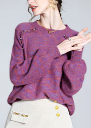 Loose Purple Nail Bead Sequins Wool Knit Sweater Winter