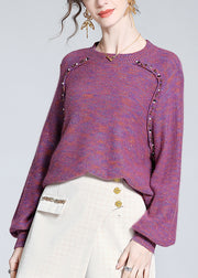 Loose Purple Nail Bead Sequins Wool Knit Sweater Winter