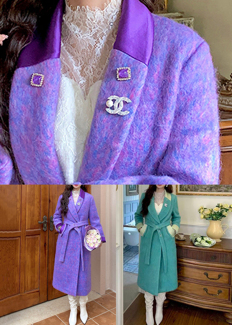 Loose Purple Notched Tie Waist Woolen Coats Winter