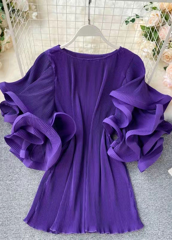 Loose Purple O-Neck Patchwork Chiffon Mini Dresses Butterfly Sleeve