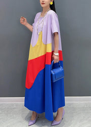 Loose Purple O Neck Patchwork Cotton Long Dress Summer