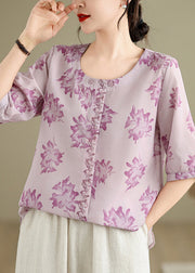 Loose Purple O-Neck Print Cotton Shirts Half Sleeve