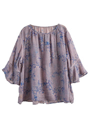 Loose Purple O Neck Print Linen Blouse Tops Summer