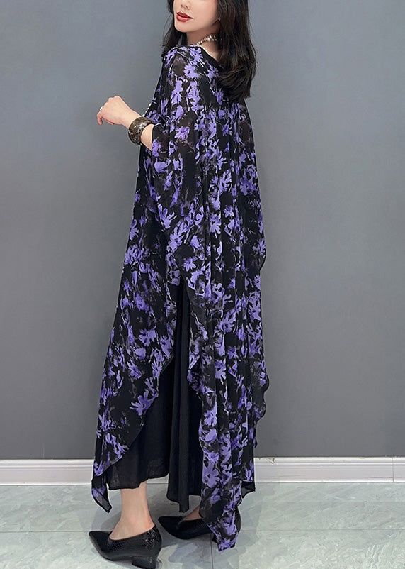 Loose Purple O-Neck Print Maxi Dress Summer