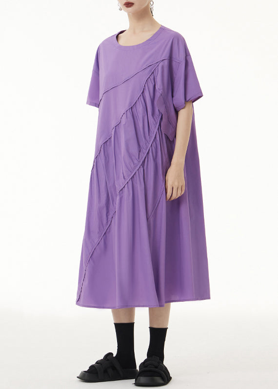 Loose Purple O-Neck Wrinkled Patchwork Cotton Long Dress Short Sleeve