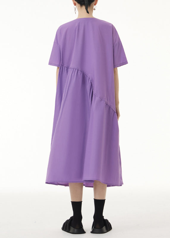 Loose Purple O-Neck Wrinkled Patchwork Cotton Long Dress Short Sleeve