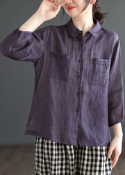 Loose Purple Peter Pan Collar Patchwork Button Solid Ramie Shirt Long Sleeve