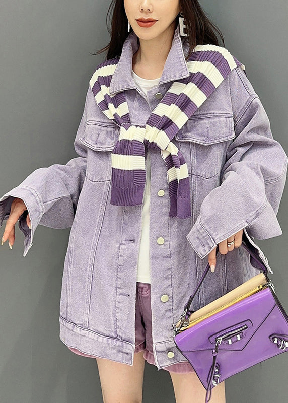 Loose Purple Peter Pan Collar Pockets Patchwork Denim Coat Fall