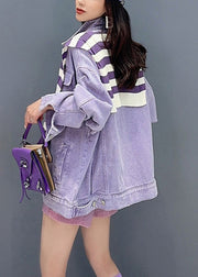 Loose Purple Peter Pan Collar Pockets Patchwork Denim Coat Fall