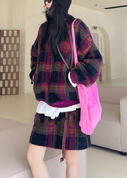 Loose Purple Plaid Pockets Tops And Skirts Wool Two Pieces Set Spring