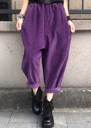 Loose Purple Pockets Elastic Waist Corduroy Crop Pants Fall