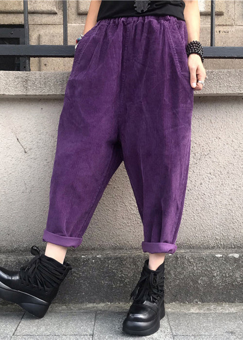 Loose Purple Pockets Elastic Waist Corduroy Crop Pants Fall