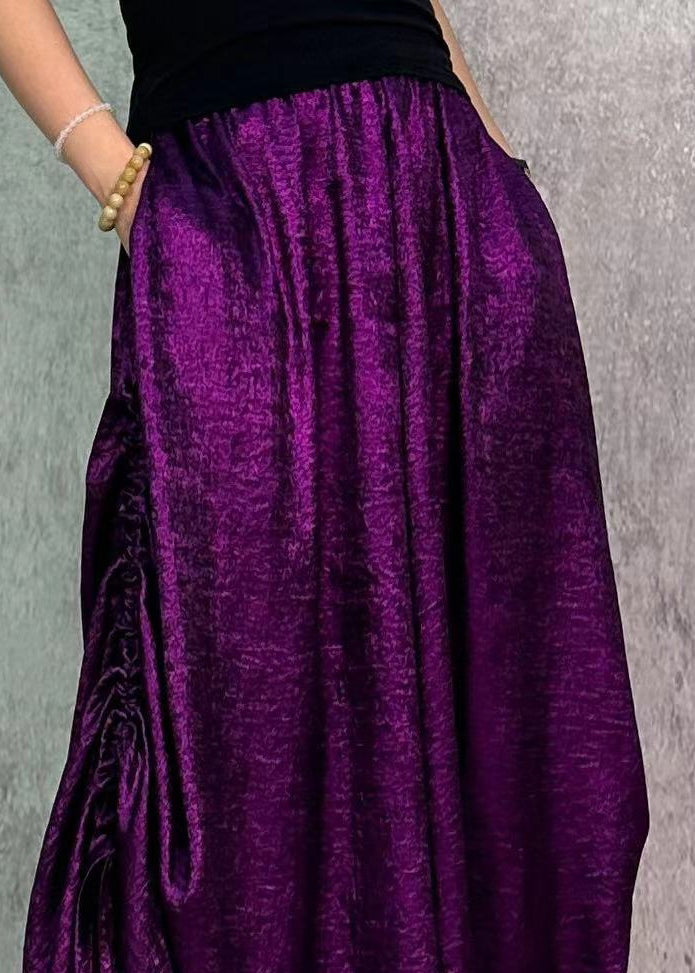 Loose Purple Pockets Elastic Waist Drawstring Silk Wide Leg Pants Fall