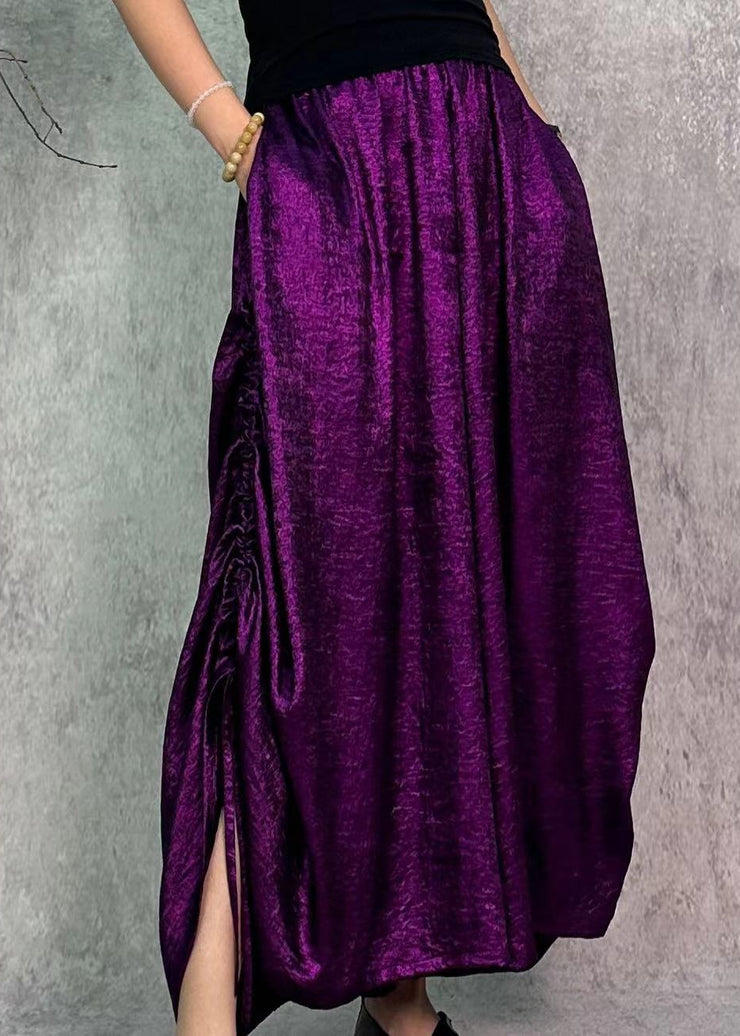 Loose Purple Pockets Elastic Waist Drawstring Silk Wide Leg Pants Fall