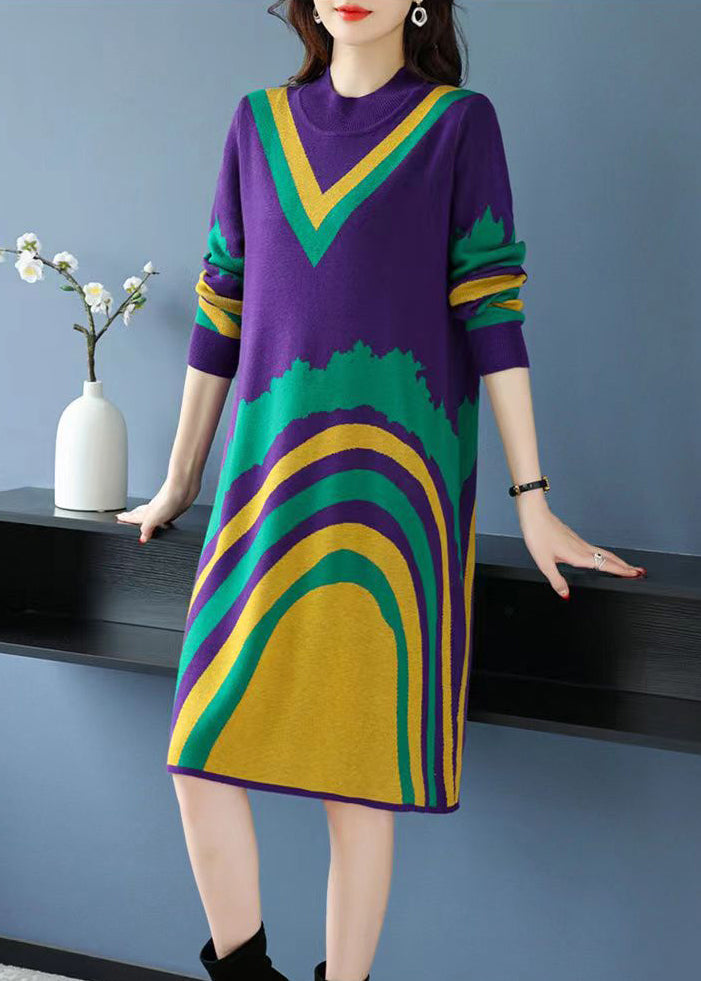 Loose Purple Print Cozy Knit Mid Dress Long Sleeve