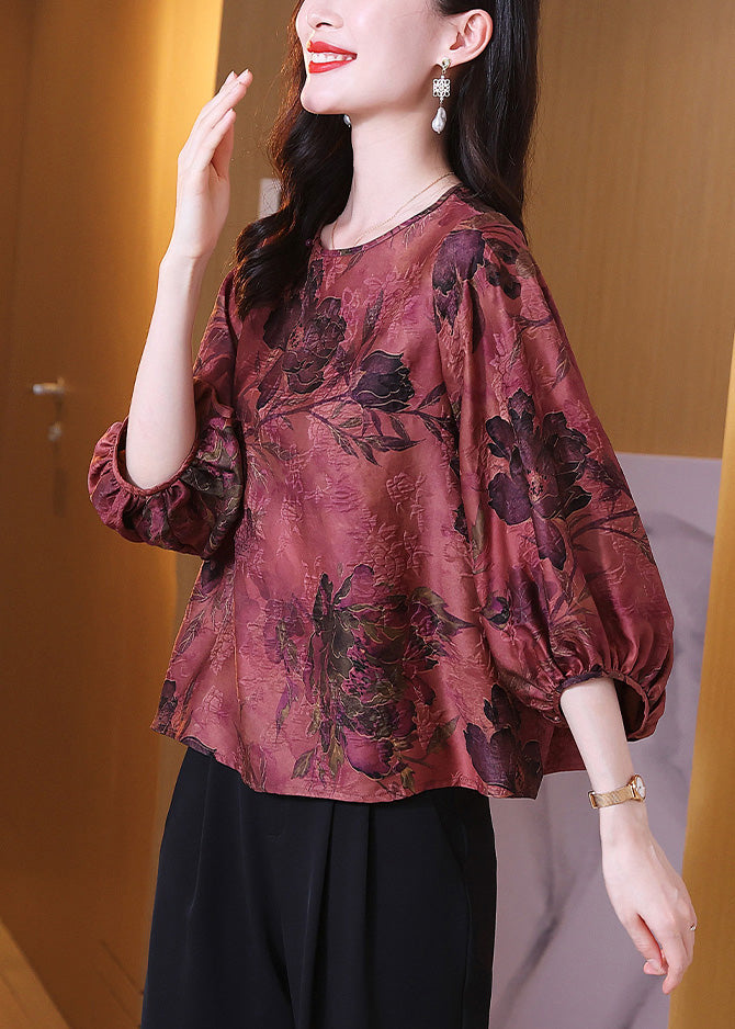 Loose Purple Red O-Neck Print Silk T Shirt Lantern Sleeve