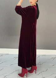 Loose Purple Red O Neck Solid Silk Velvet Maxi Dress Fall