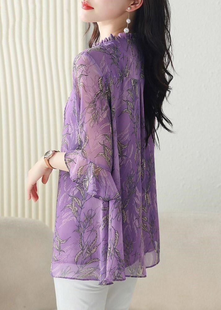 Loose Purple Ruffled Lace Up Chiffon Shirt Half Sleeve