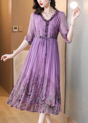 Loose Purple Ruffled Lace Up Print Chiffon Long Dress Half Sleeve