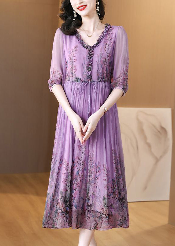 Loose Purple Ruffled Lace Up Print Chiffon Long Dress Half Sleeve