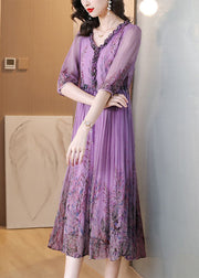 Loose Purple Ruffled Lace Up Print Chiffon Long Dress Half Sleeve