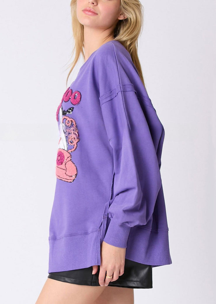 Loose Purple Sequins Side Open Cotton Sweatshirt Long Sleeve