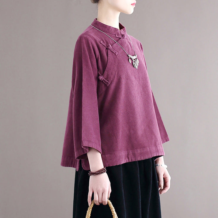 Loose Purple Stand Collar Button Corduroy Shirts Fall