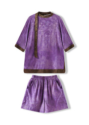 Loose Purple Tops And Shorts Silk Two Piece Set Women Clothing Summer