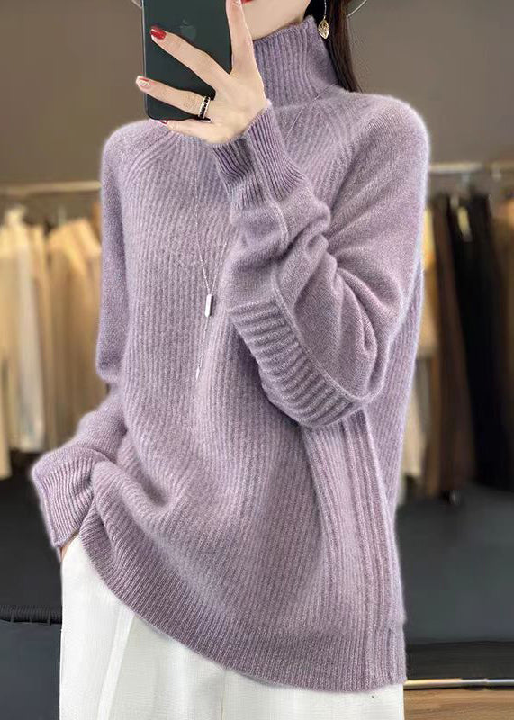 Loose Purple Turtleneck Cozy Cotton Knit Sweaters Long Sleeve