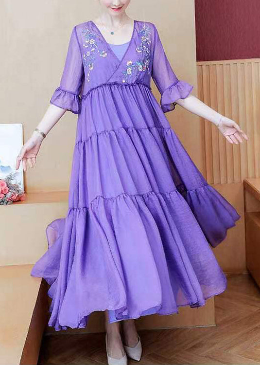 Loose Purple V Neck Embroidered Wrinkled Patchwork Chiffon Dress Summer